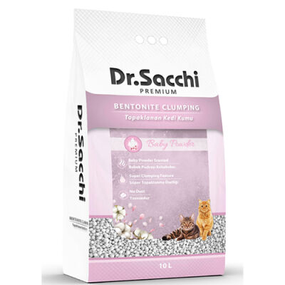 Dr.Sacchi Premium Bebek Pudrası Kokulu Bentonit İnce Taneli Topaklanan Kedi Kumu 10 Lt - 1